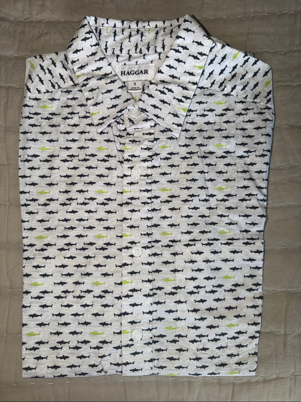 Haggar White Button-Down Shirt with Black and Lime Shark Print